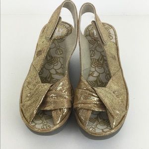 Gold Lamme Fly London wedge Sandals 40US 7